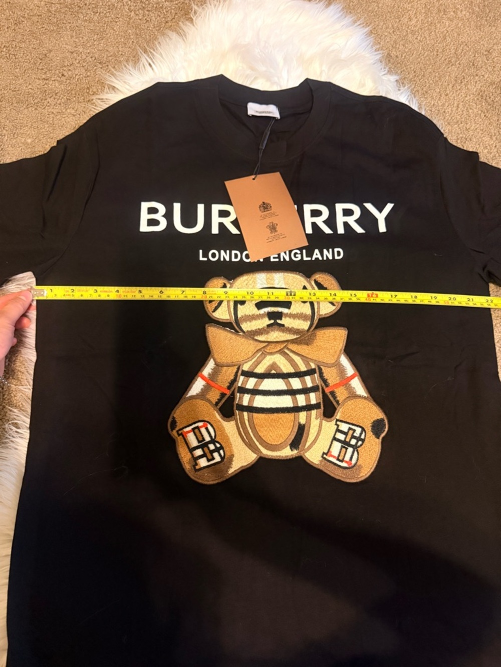 Burberry Black Tee with Embroidered Plaid Teddy Motif